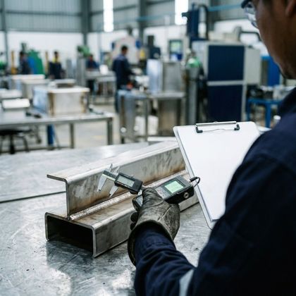 Close-up of a QA inspector's gloved hands measuring a stainless steel weld seam with a digital caliper