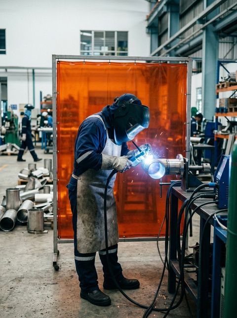 Welder in full protective gear performing orbital TIG welding on stainless steel pipe inside a screened cell
